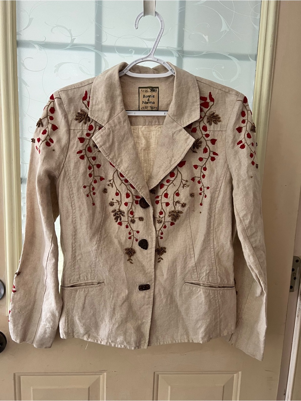 Vintage Bonnie & Norma size M linen blend blazer with floral and vine embroidery